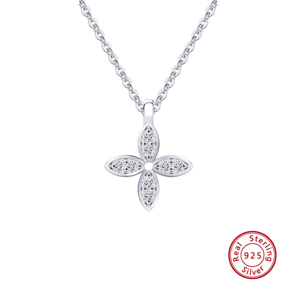 Lucky Four-Leaf Clover Sterling Silver Flower Zircon Pendant Necklace