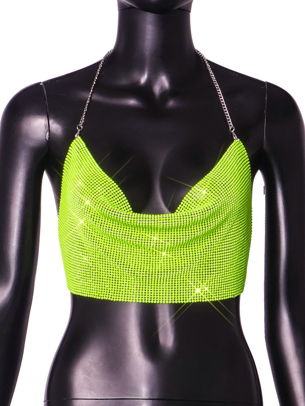 Women's Fashion Metal Super Flash Rhinestone Chain Halter Tube Top Sling