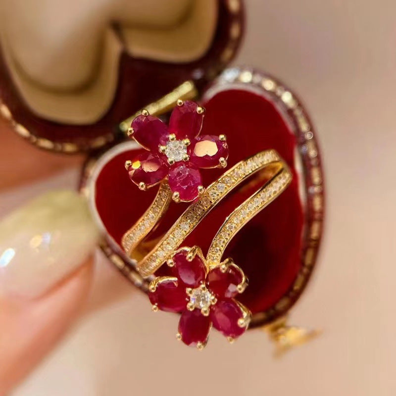 Retro Exquisite High-grade Flower Ruby Ring For Women