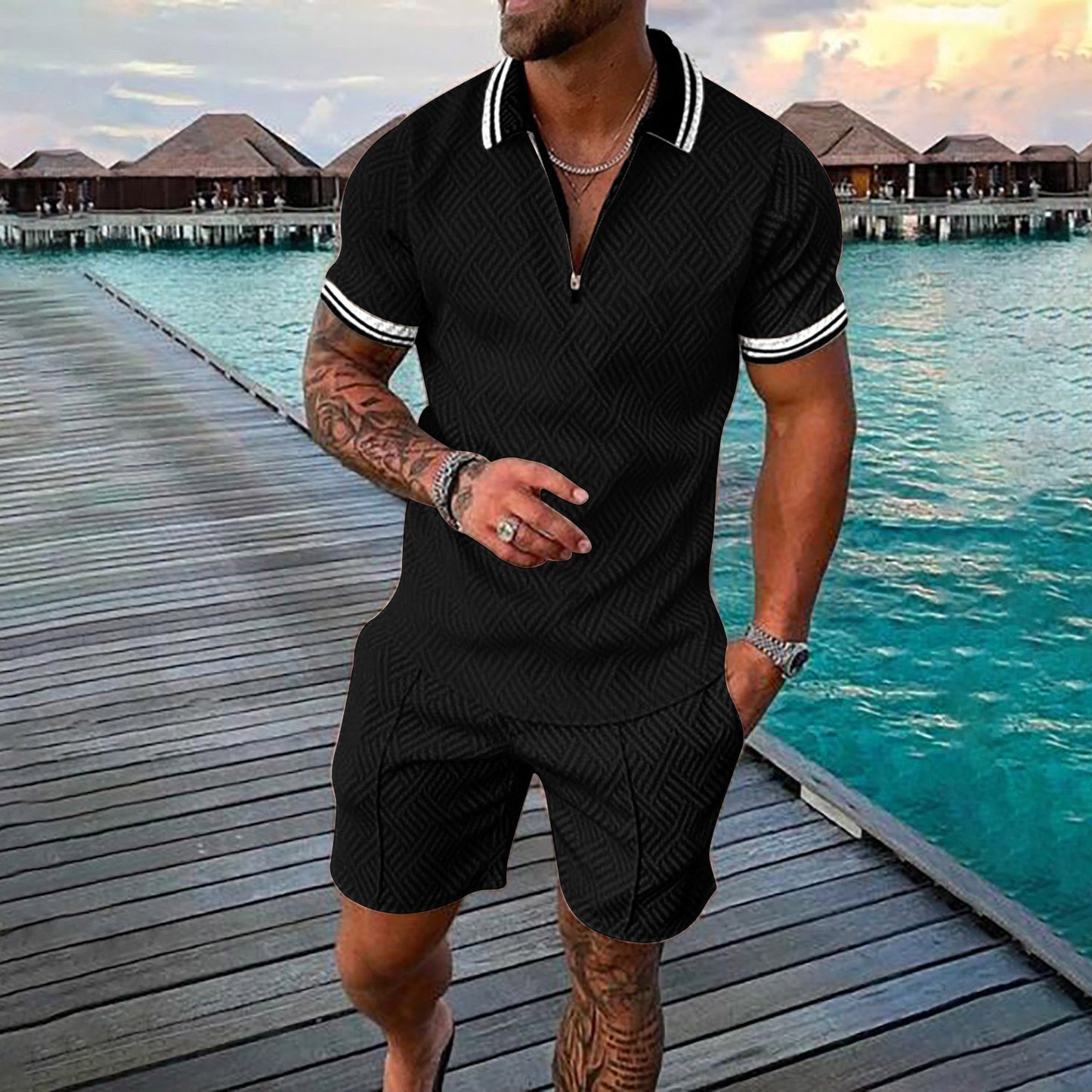 Flame Pattern Spot 3D Printed Short Sleeve Zipper Polo Shirt Shorts Suit