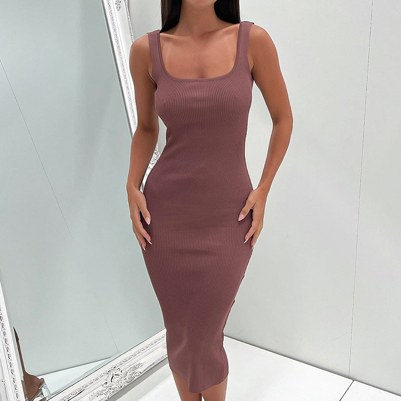 Solid Color Lady Hollow Backless Dress