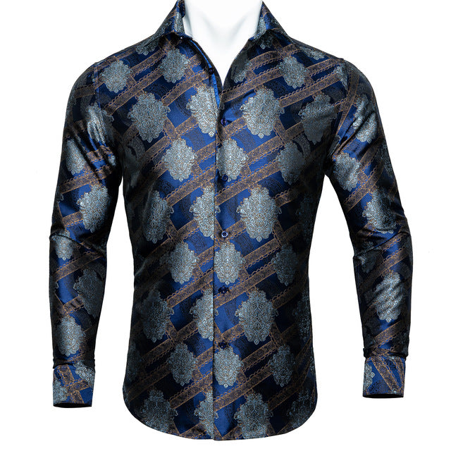 Barry.Wang Teal Paisley Floral Silk Shirts Men Autumn Long Sleeve Casual Flower Shirts For Men Designer Fit Dress Shirt BCY-05