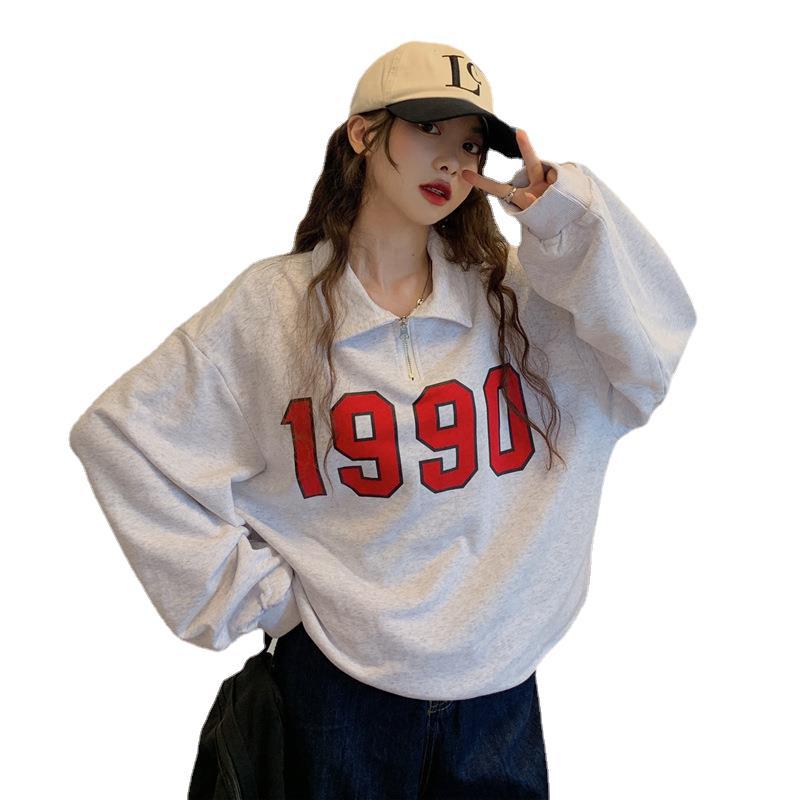 Retro Half Zipper Polo Lapel Long Sleeve Sweater For Women