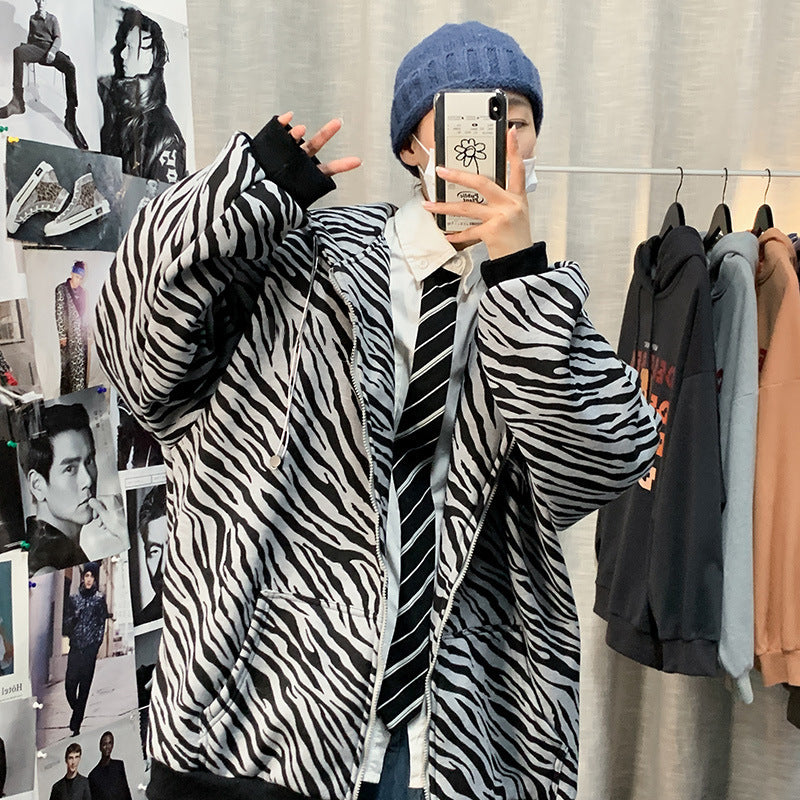 Striped Leopard Pattern Fried Street Sweater Men