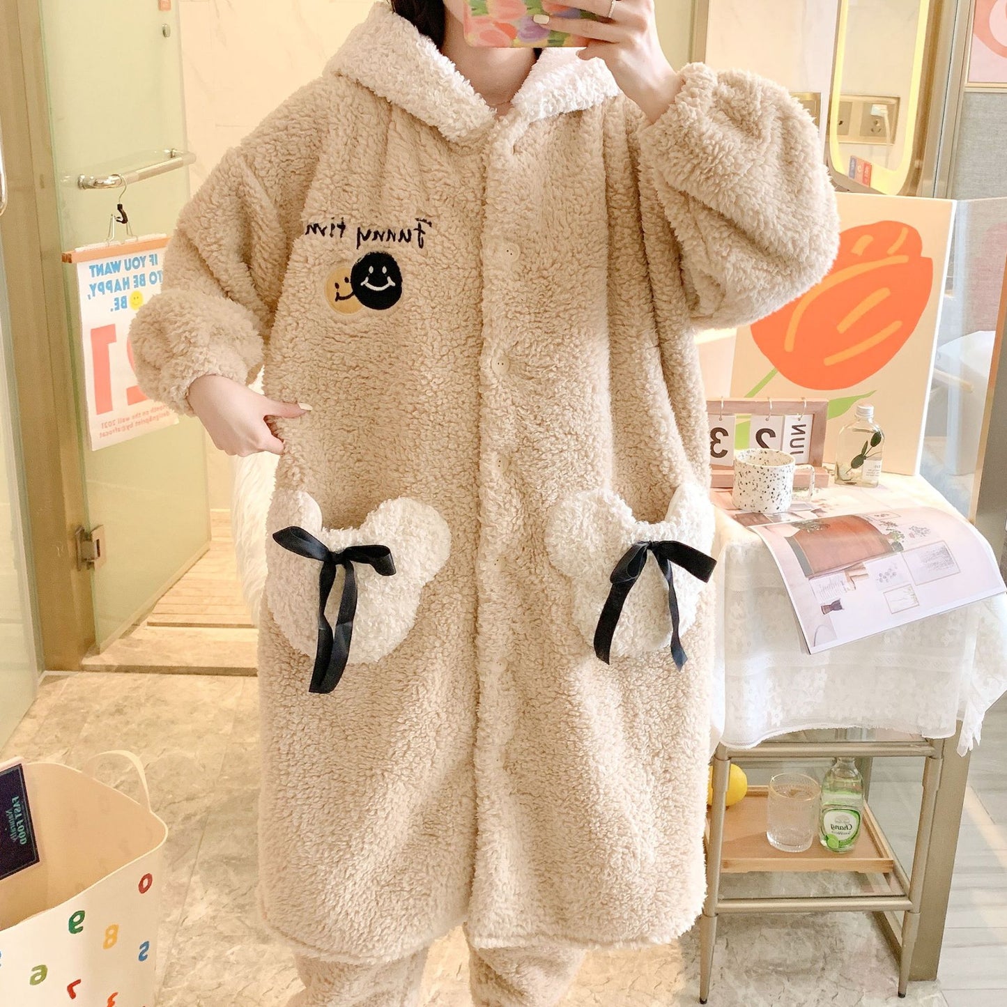 Autumn And Winter Plus Size Pajamas For Girls Warm Loungewear Suit Thickened Cartoon Bag Student Long