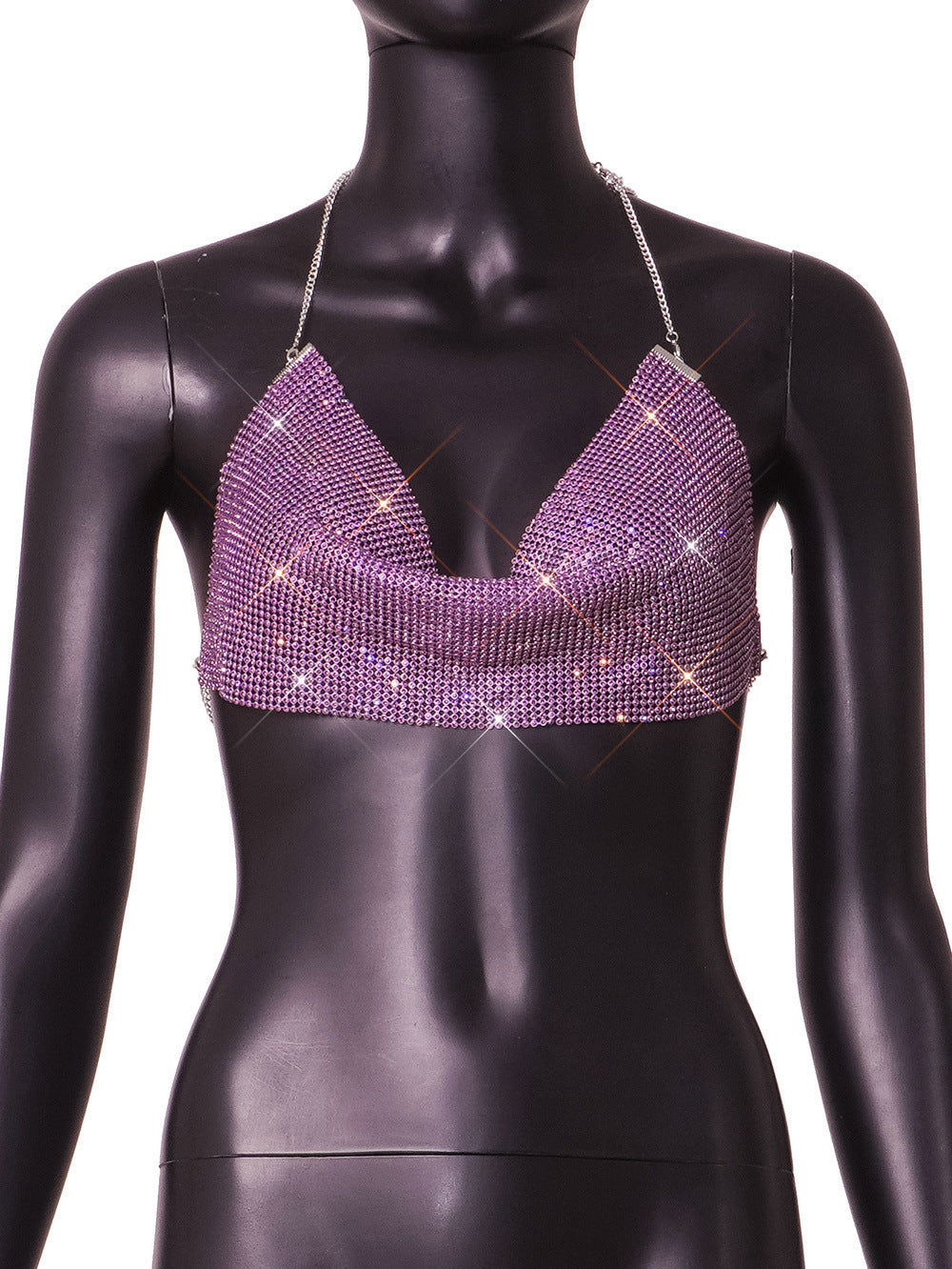 Women's Fashion Metal Super Flash Rhinestone Chain Halter Tube Top Sling