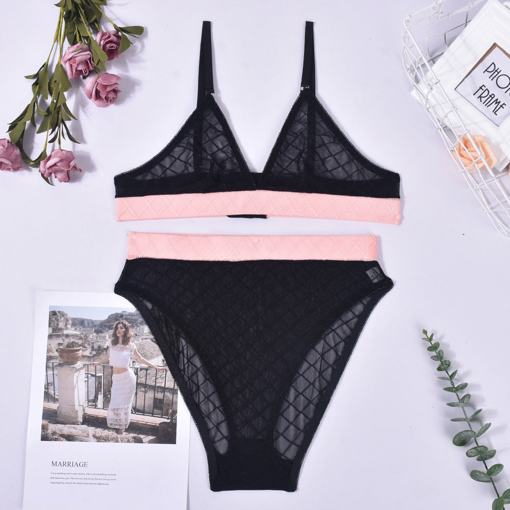 European And American Underwear Mesh Three-point Contrasting Color Stitching Suit