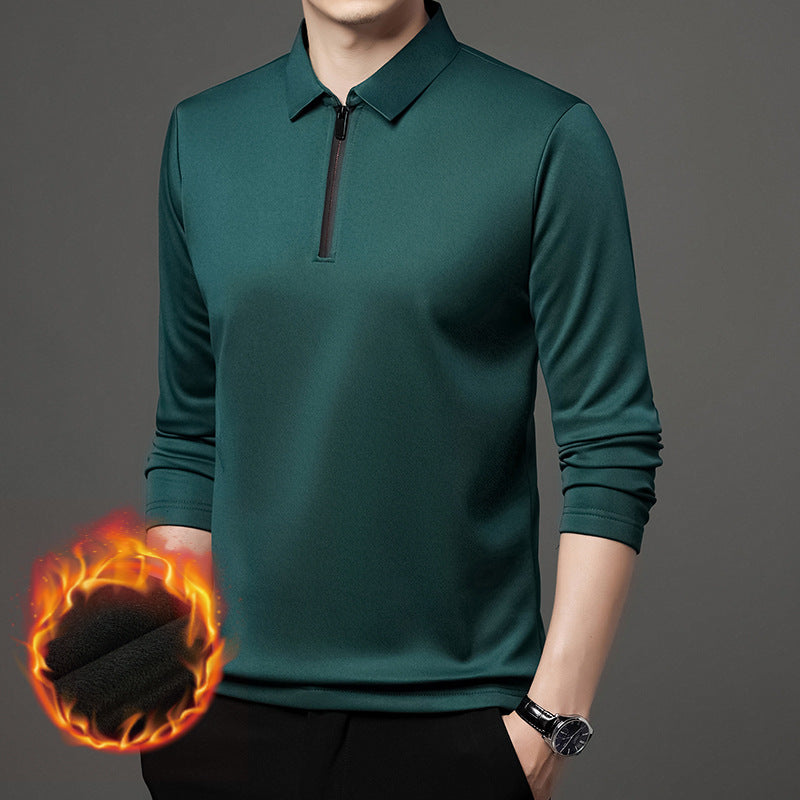 Half Zipper Fleece-lined Thickened Polo Shirt Men Polo Collar Solid Color