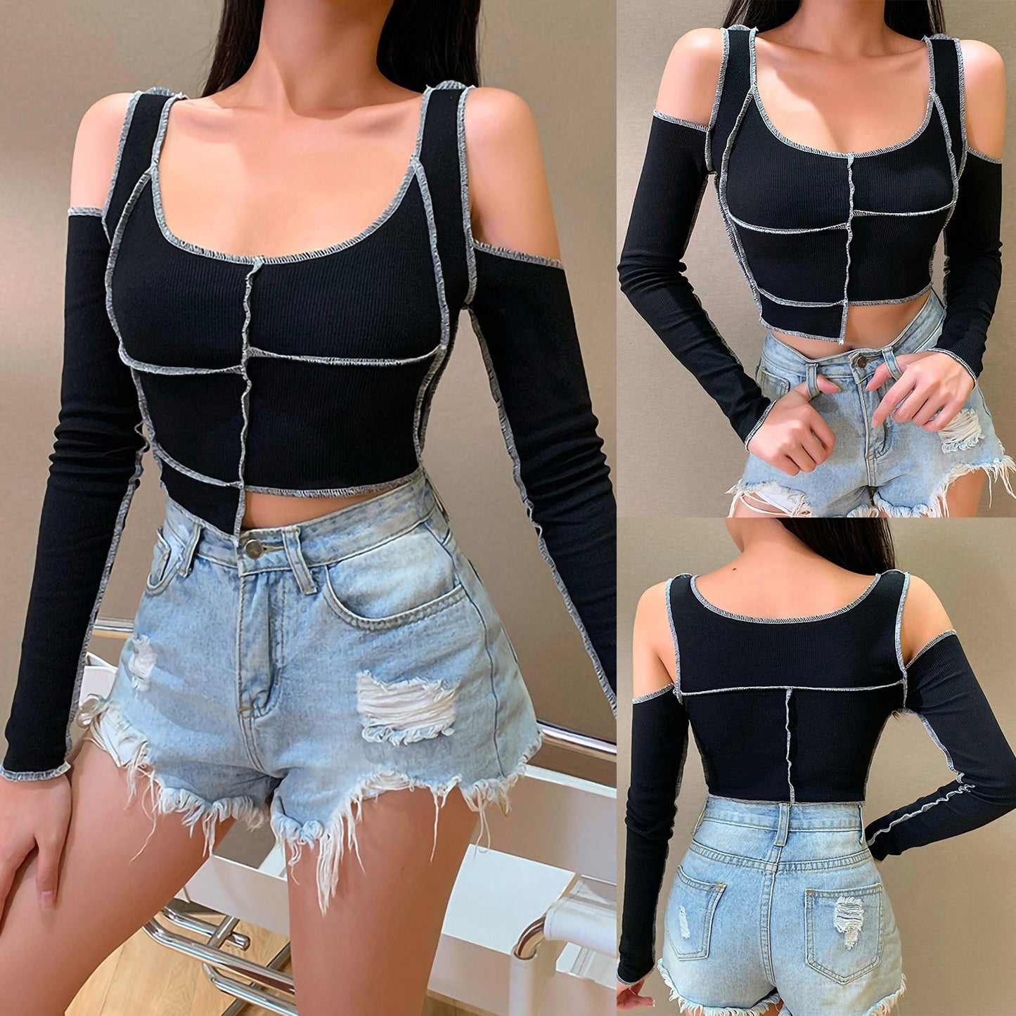 Women Long Sleeve Off Shoulder T-shirts Crop Tops Round Neck Irregular Stitching T-shirt Black Spring Hollow Out Tees