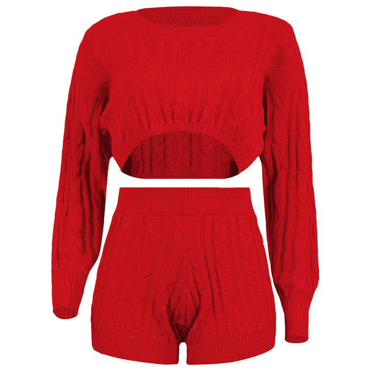 Autumn Women Chic Two Piece Set Knitted Crop Pullovers Sweater