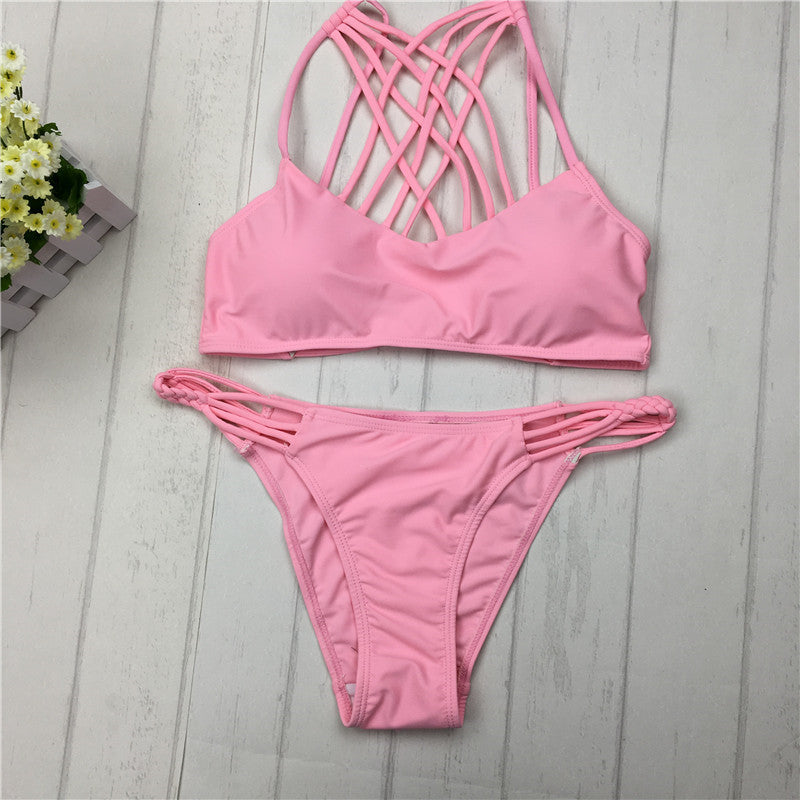 2021 cut out Bikinis Sexy pink bandage cut out Halter bikini swimsuit women cross Women's swimwear swimming suit