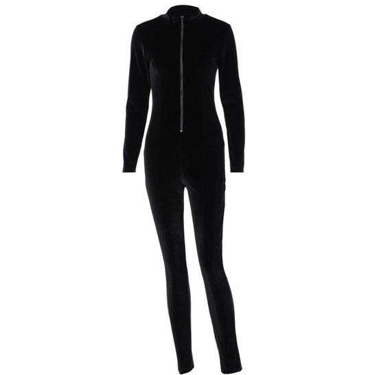 Women Long Sleeve Skinny Jumpsuit Ladies Autumn Velvet Sexy Female Slim Zipper One-piece Pants Solid Color Jumpsuits