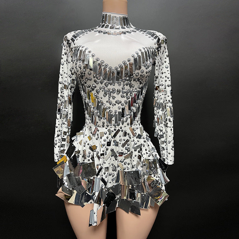 Shiny Sequined Diamond Outdoor Long-sleeved Skirt Mini Dress