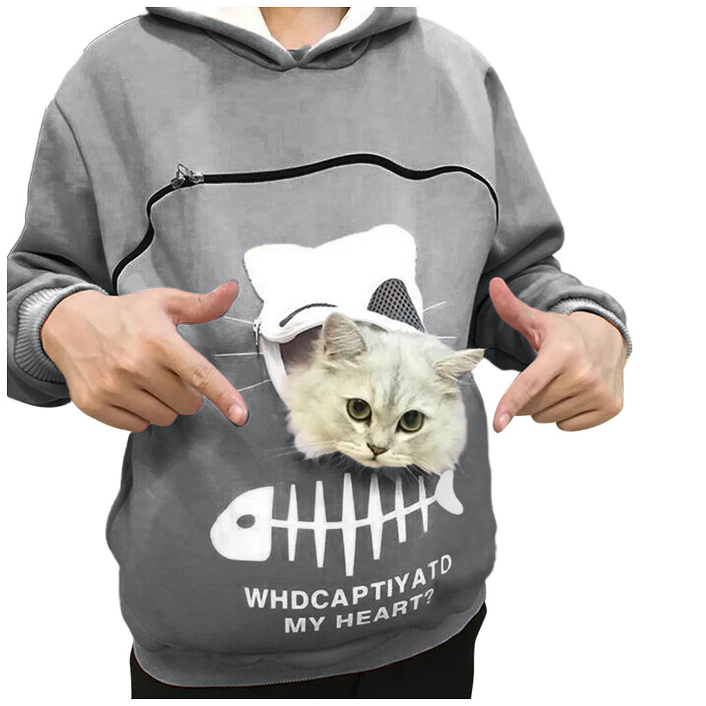 Women Hoodie Sweatshirt With Cat Pet Pocket Design Long Sleeve