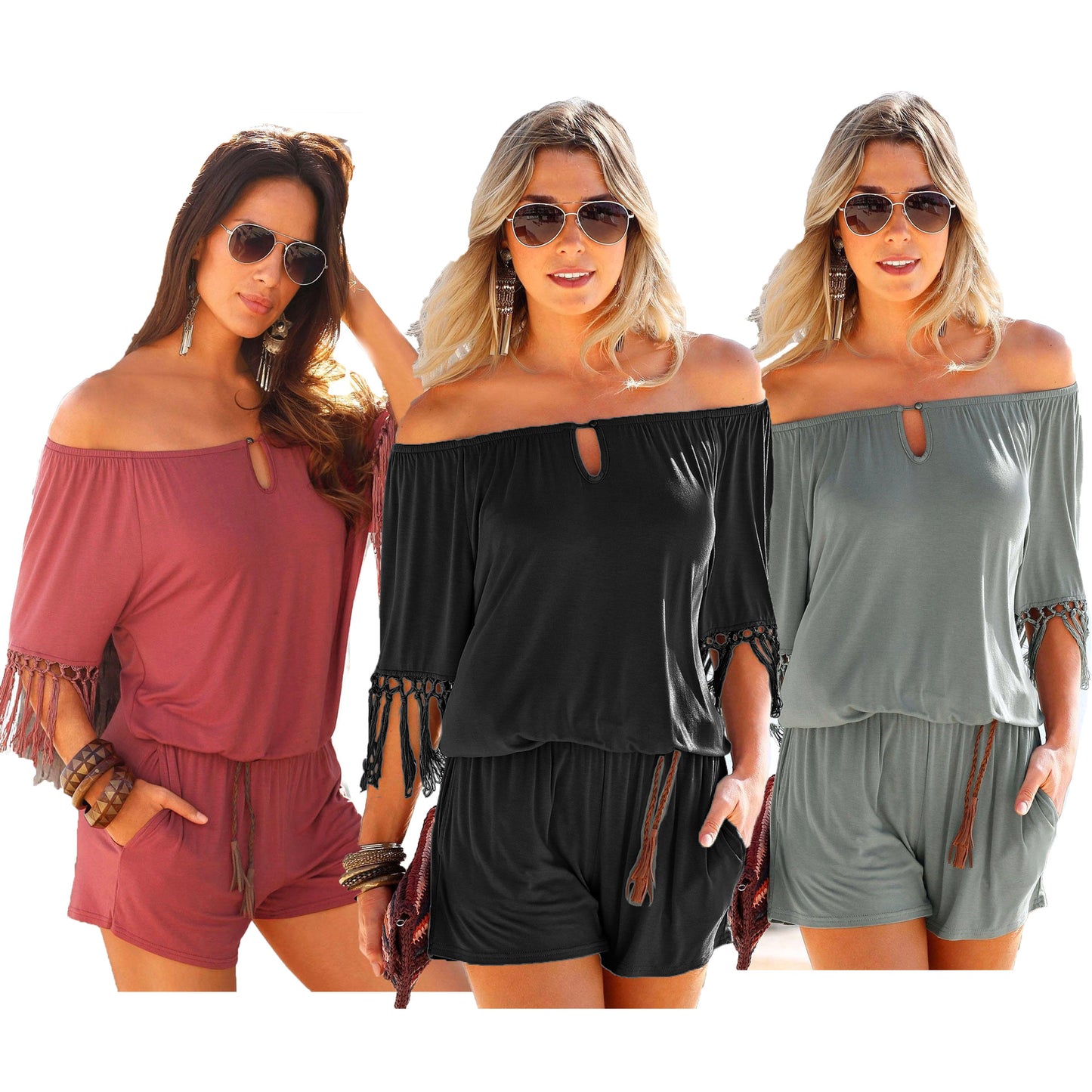 Summer wear word collar shirt tassels jumpsuits cool