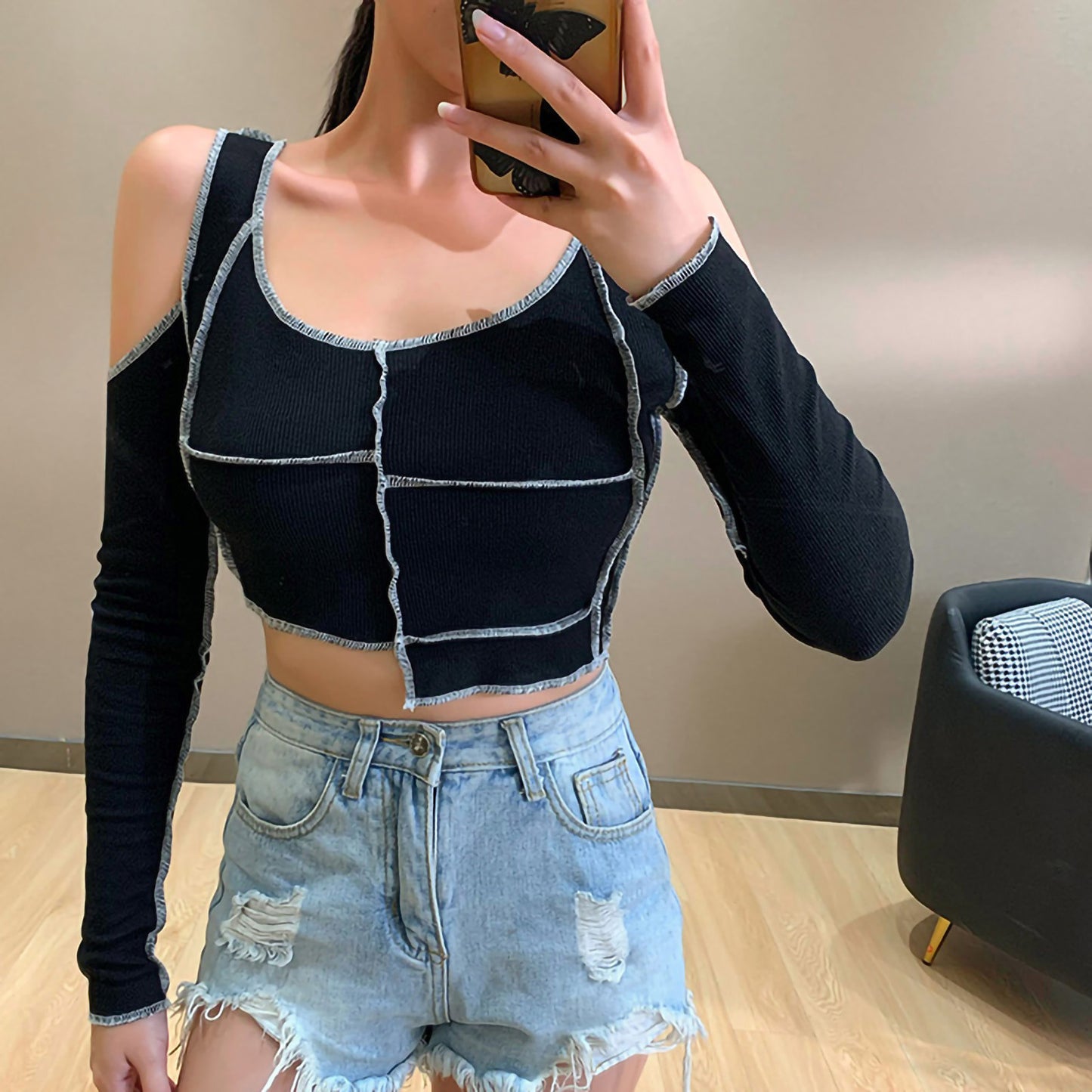 Women Long Sleeve Off Shoulder T-shirts Crop Tops Round Neck Irregular Stitching T-shirt Black Spring Hollow Out Tees