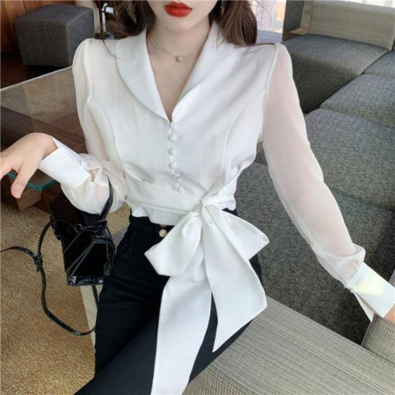 Bow Tie Waist Chiffon Shirt Short