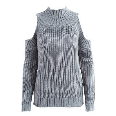 Shoulder Plain Pullover Knitted Sweater For Women