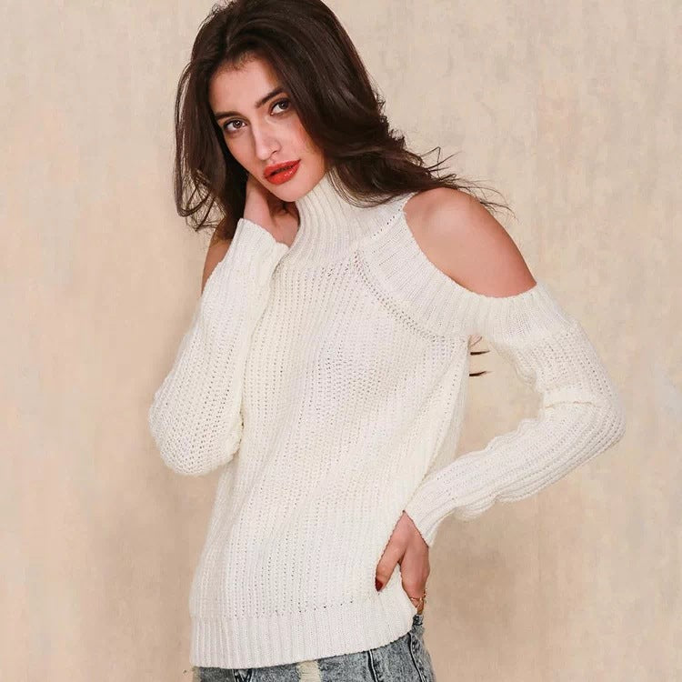 Shoulder Plain Pullover Knitted Sweater For Women