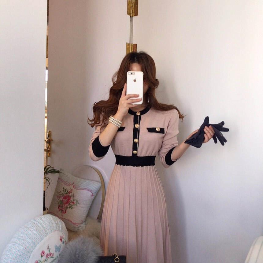 Temperament lady waist pleated woolen long skirt