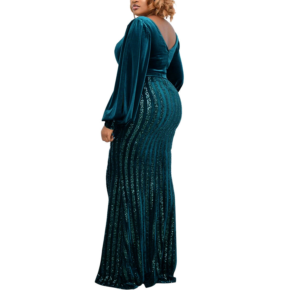 Banquet Party V-neck Long Sleeve Tight Waist Beaded Dress