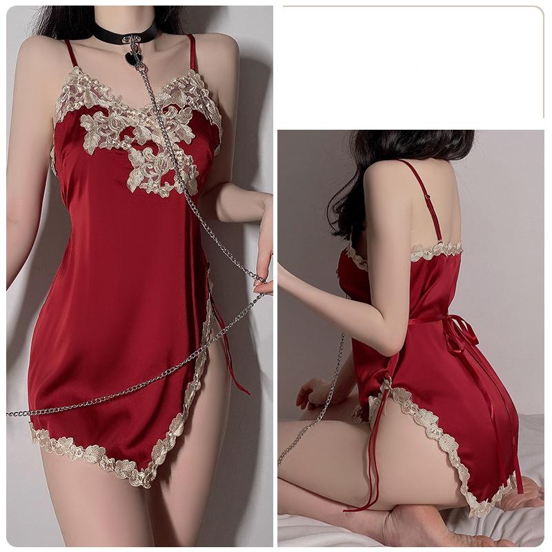 Women Satin Lace Slit Suspender Nightdress