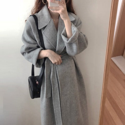 Lace Waist Long Warm Woolen Coat Women