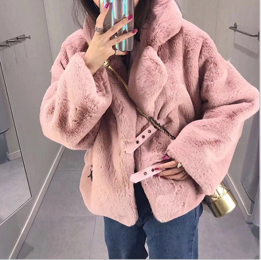 Female Fur Coat Short Soft  Rabbit Fur Jacket Long-Sleeved Shaggy Thicken Warm Women Fashion Outwear