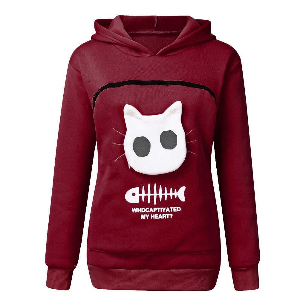 Women Hoodie Sweatshirt With Cat Pet Pocket Design Long Sleeve