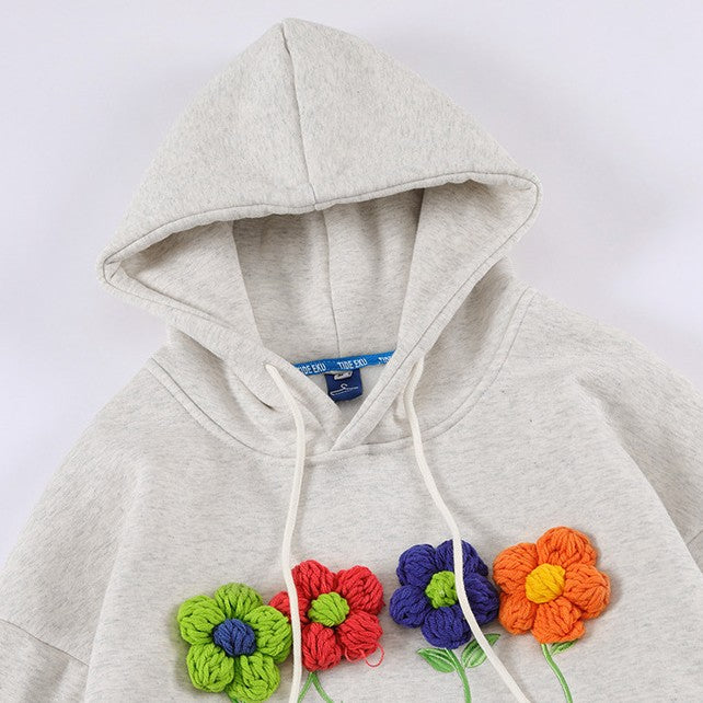 Autumn And Winter New Small Flowers Wool Embroidery Hooded Long-sleeved Tops Men