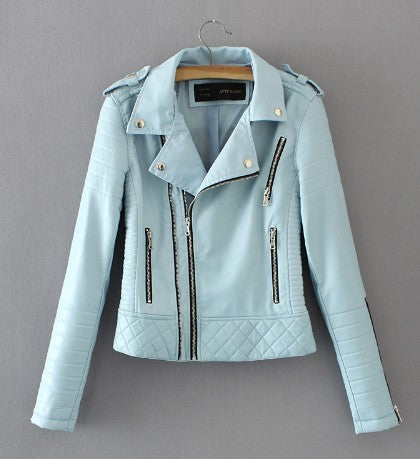 Women Spring Autumn Soft Faux Leather Jackets Lady Motorcyle Zippers Biker Blue Coats Black Outerwear Hot Sale