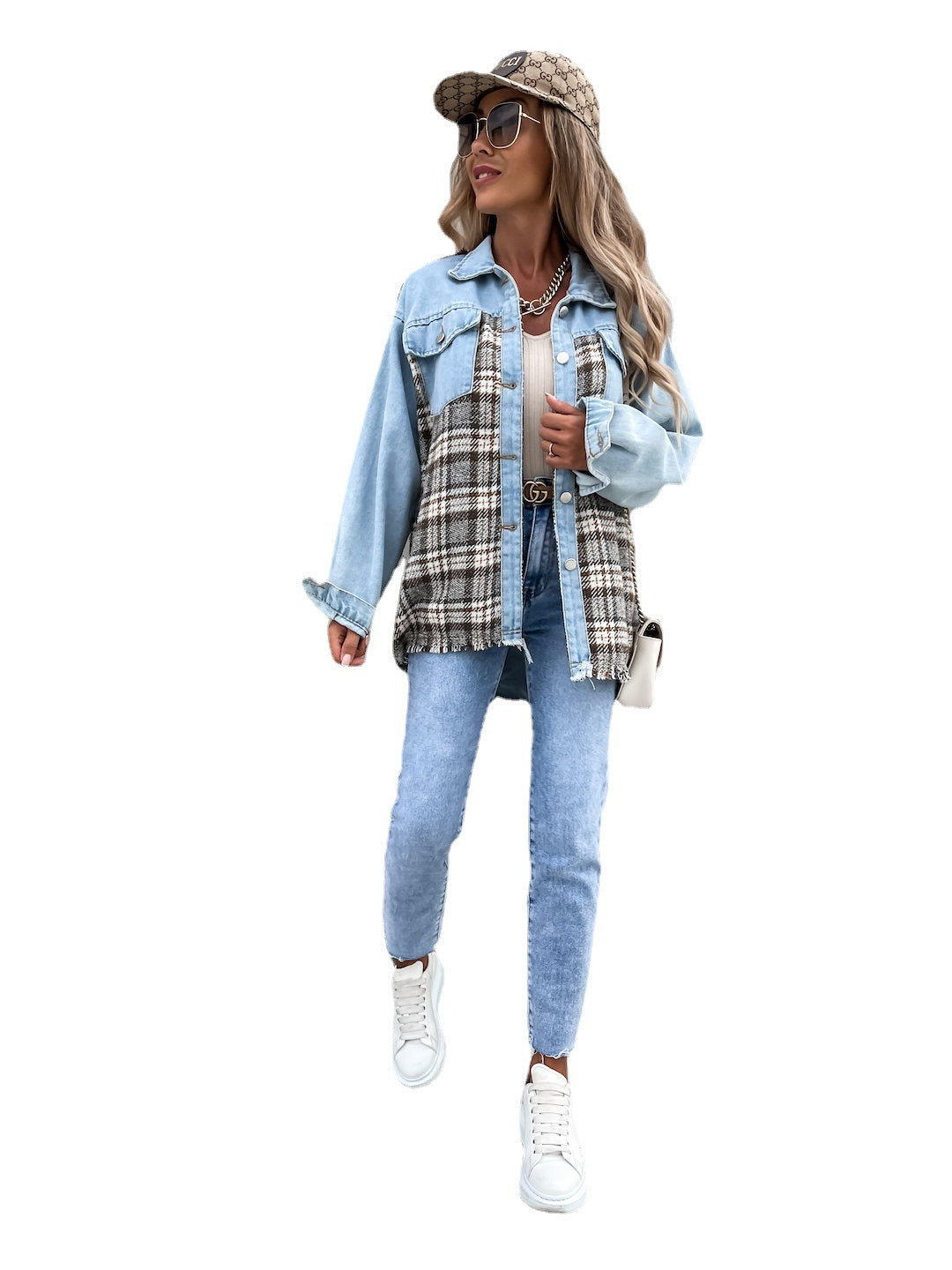 Denim Stitching Plaid Coat Loose Top Women