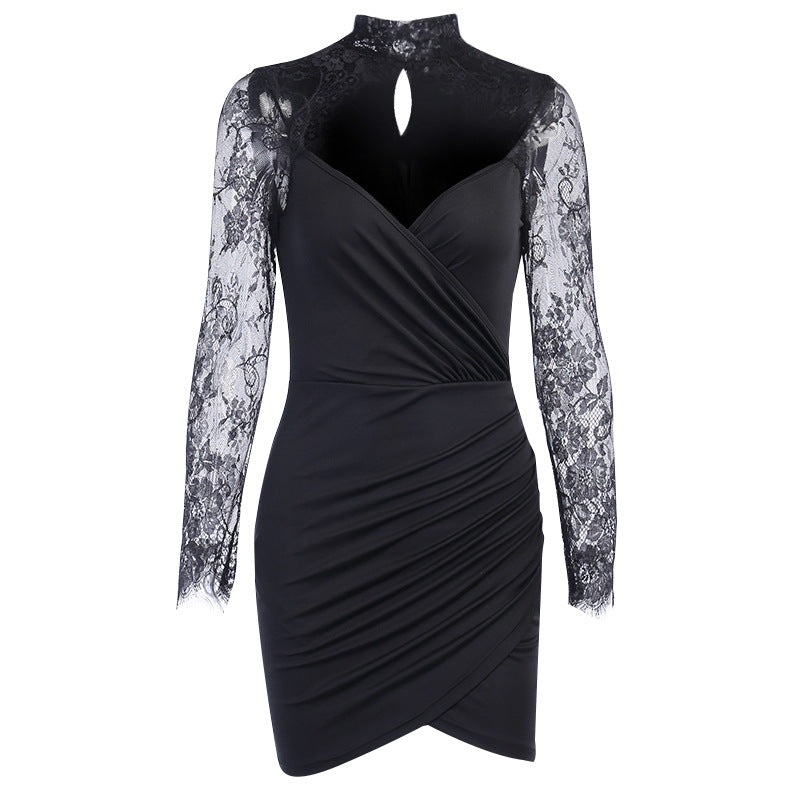 Sexy Lace Stitching Long Sleeve Dress Women