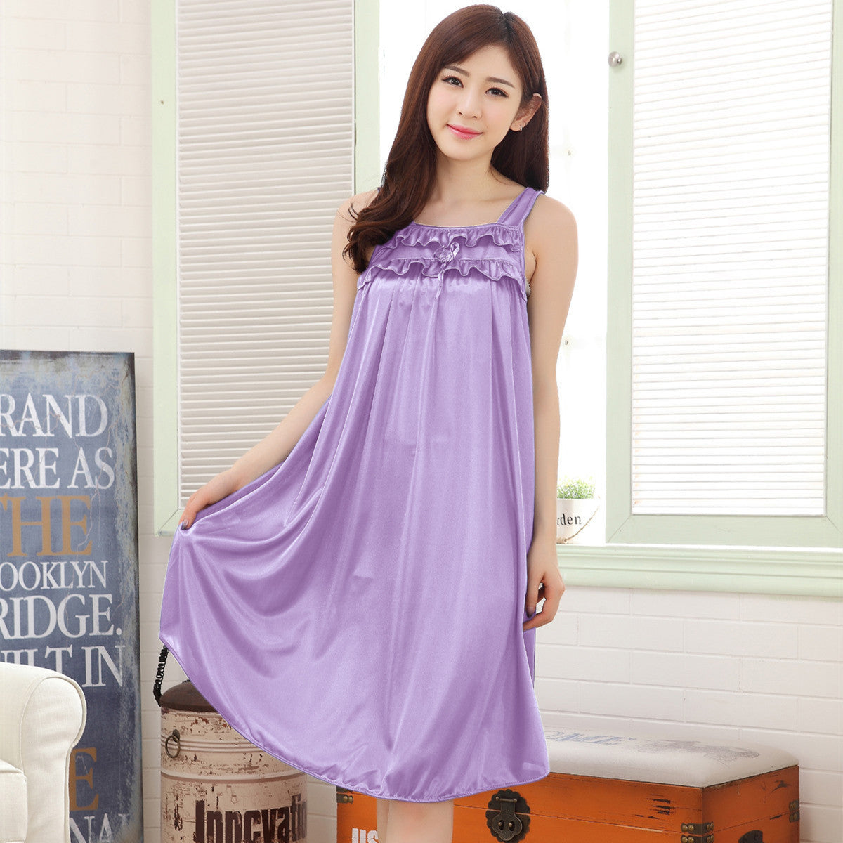 Summer Ice Silk Thin Sexy Home Dress Sling Belt Sleep Skirt