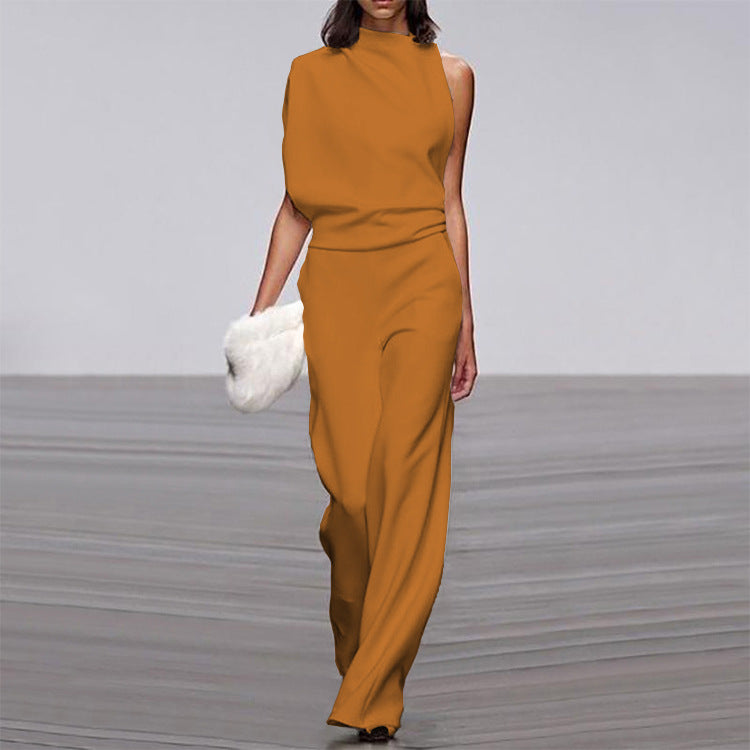 Solid Color One-Shoulder Pile Collar Jumpsuit