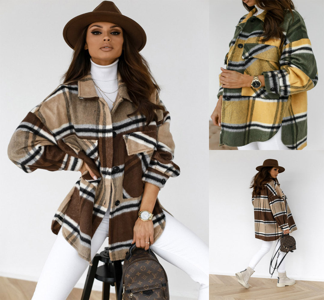 Autumn And Winter Long-sleeved Plaid Coat Shirt Women