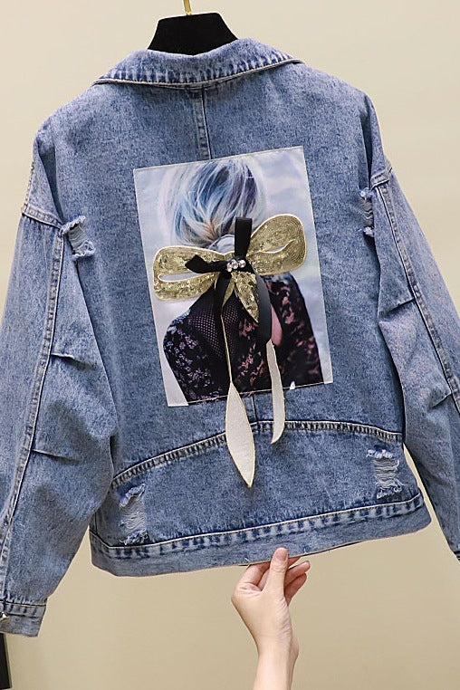 Ripped Sequined Denim Jacket Women Jacket Top