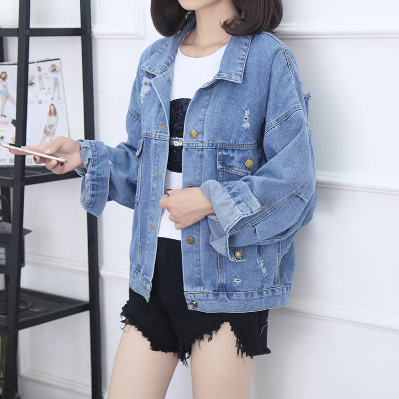 Ripped Sequined Denim Jacket Women Jacket Top