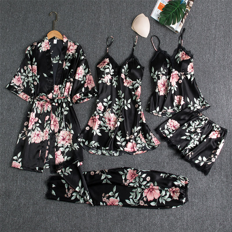 Spring And Autumn Sling Five-Piece Pajamas Women