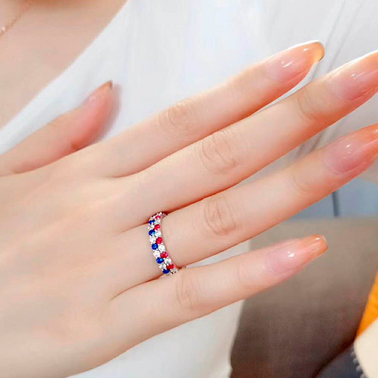 Imported 5A high carbon diamond natural red sapphire row diamond vice ring diamond ring 925 silver plated platinum stacking ring