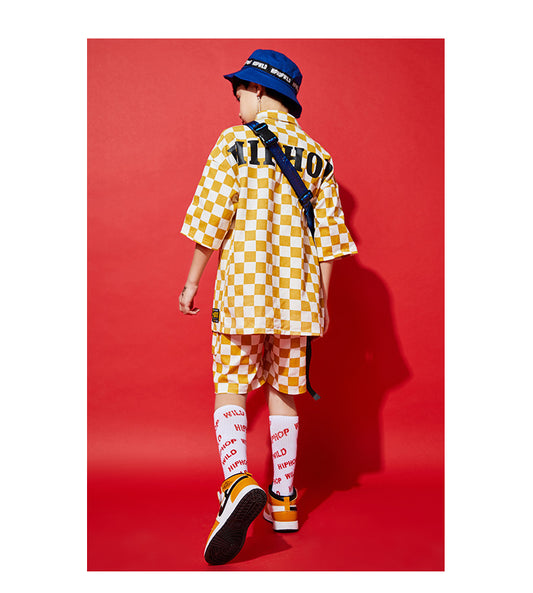 Children's Short-Sleeved Hip-Hop Suit Boys Korean Style Hip-Hop Plaid Loose Handsome Clothing