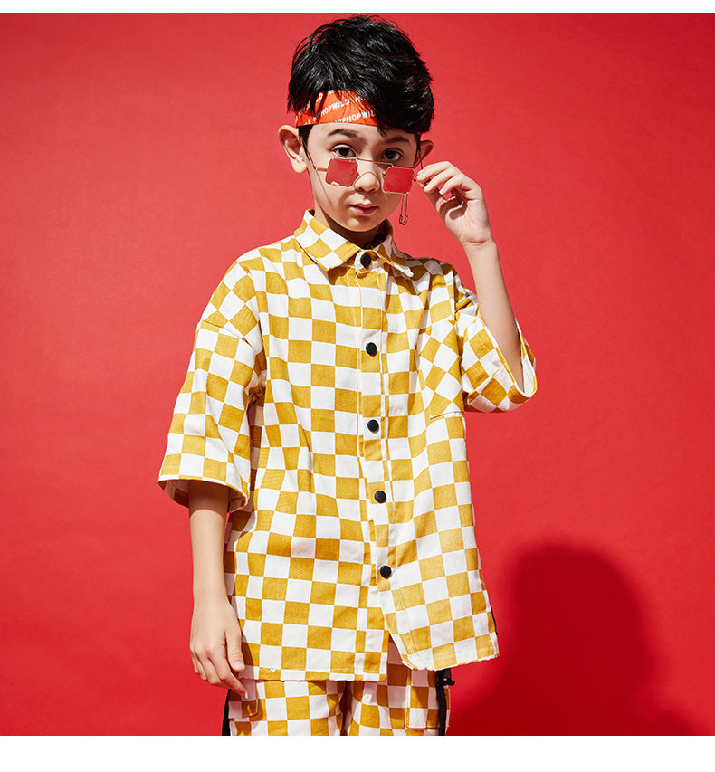 Children's Short-Sleeved Hip-Hop Suit Boys Korean Style Hip-Hop Plaid Loose Handsome Clothing