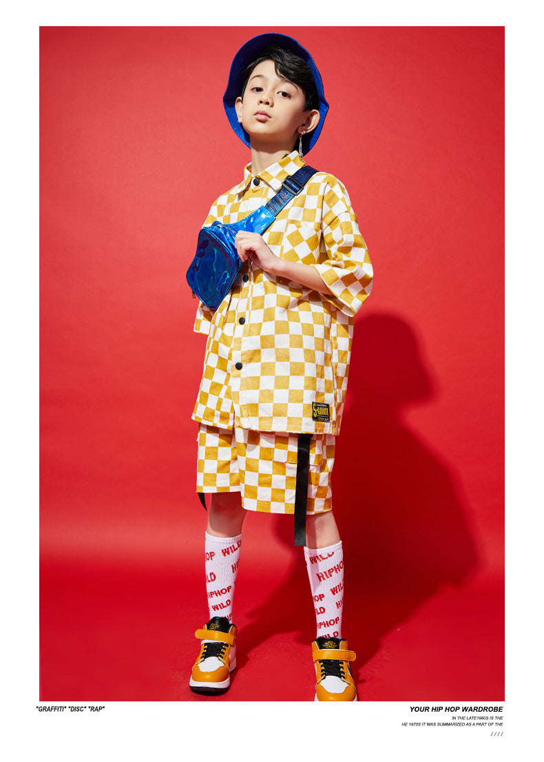 Children's Short-Sleeved Hip-Hop Suit Boys Korean Style Hip-Hop Plaid Loose Handsome Clothing