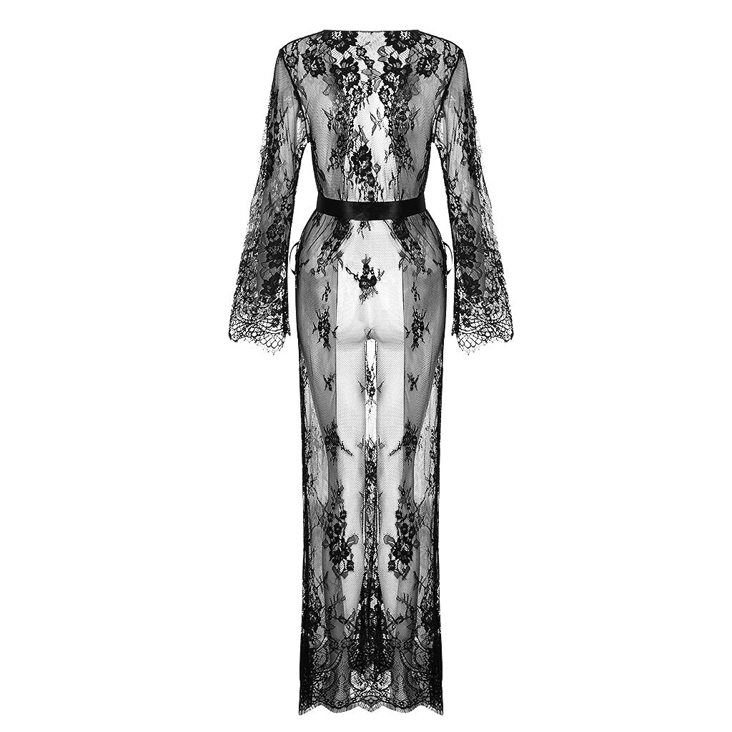 Women Long Sleeve Lace Dress Fashion Solid Sexy Perspective Pajamas Robe Sleepwear Underwear Lingerie Satin Silk Belt Slim