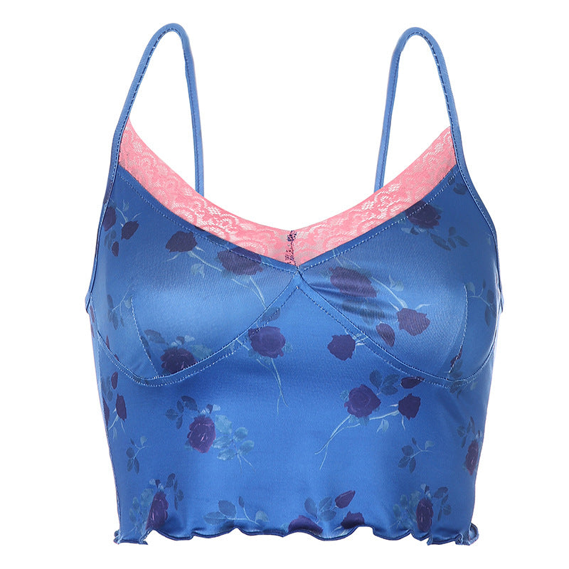 European And American Women's Sexy Retro Lace Rose Print Vest Bottoming Suspender Top Women