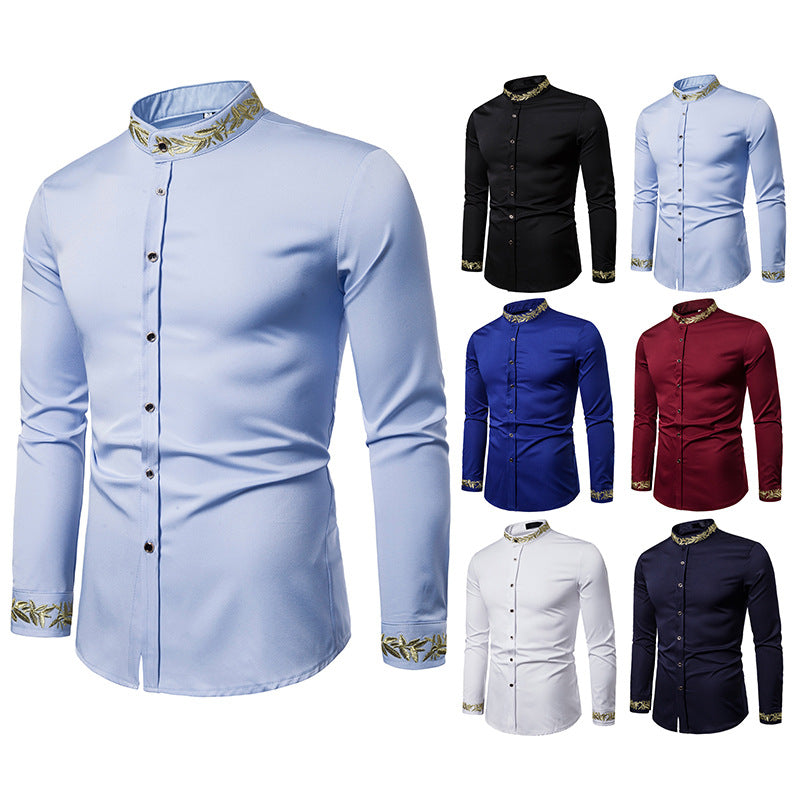 Gold Embroidery White Shirt Men Brand New Stand Collar Mens Dress Shirts Casual Slim Long Sleeve Chemise Homme Camisa Masculina