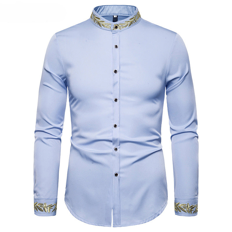 Gold Embroidery White Shirt Men Brand New Stand Collar Mens Dress Shirts Casual Slim Long Sleeve Chemise Homme Camisa Masculina