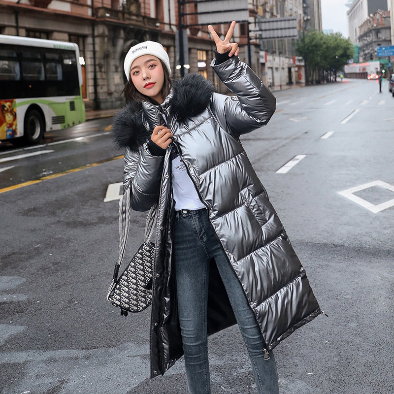 Women X-Long Plus Size Coat Parkas Female Winter Warm Thicke Hooded Fur Cotton Padded Coats Solid Casual Silver Down Jacket