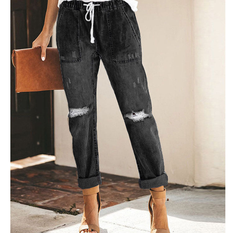 Straight Ripped Jeans For Women Drawstring Trousers With Pockets Fashion Pants