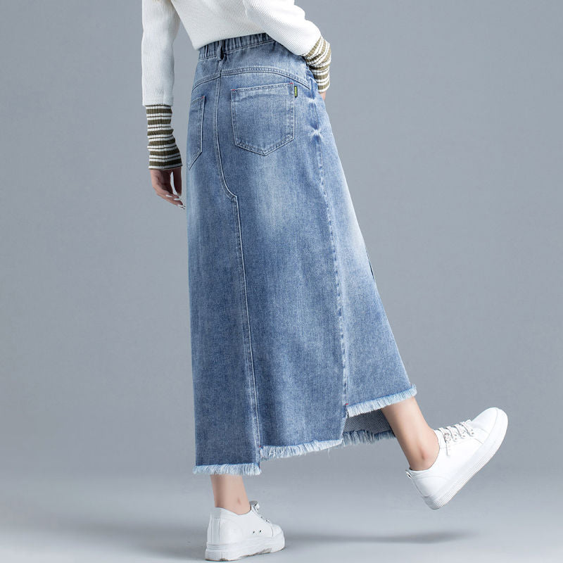 TIYIHAILEY Free Shipping Fashion High Waist S-3XL Long Maxi A-line Skirts With Pockets Women Blue Slit Skirts With Tassels